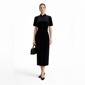 J Stevens Womens Black Velvet Midi Dress Button‎ Front Sz 10 Gothic Chic Vintage
